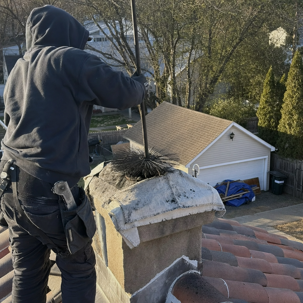 Professional chimney sweep cleaning a rooftop chimney with a wire brush