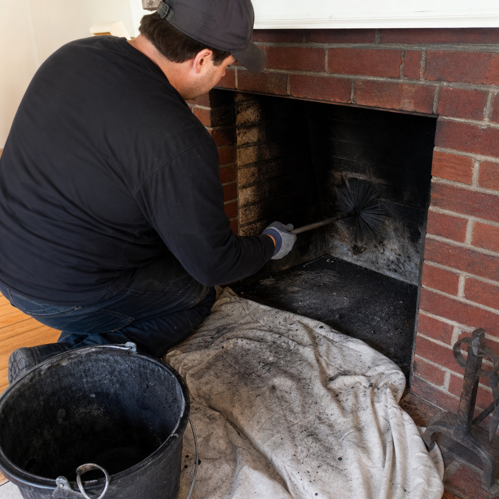 Professional chimney sweep cleaning a brick fireplace with a brush