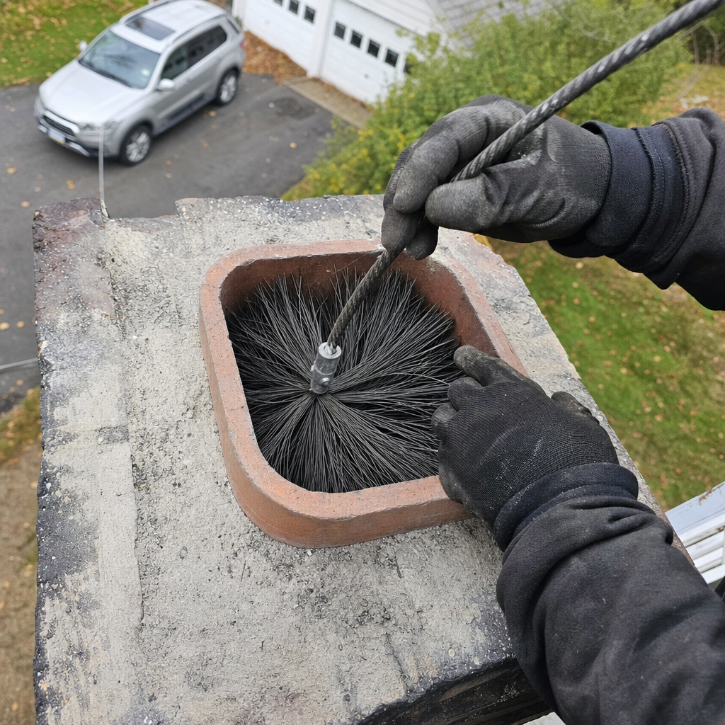 Professional chimney sweep cleaning a brick chimney with a wire brush.