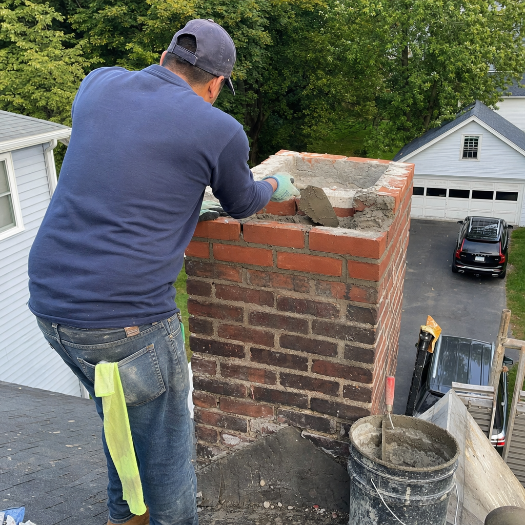 Professional contractor performing chimney repair on a residential roof.