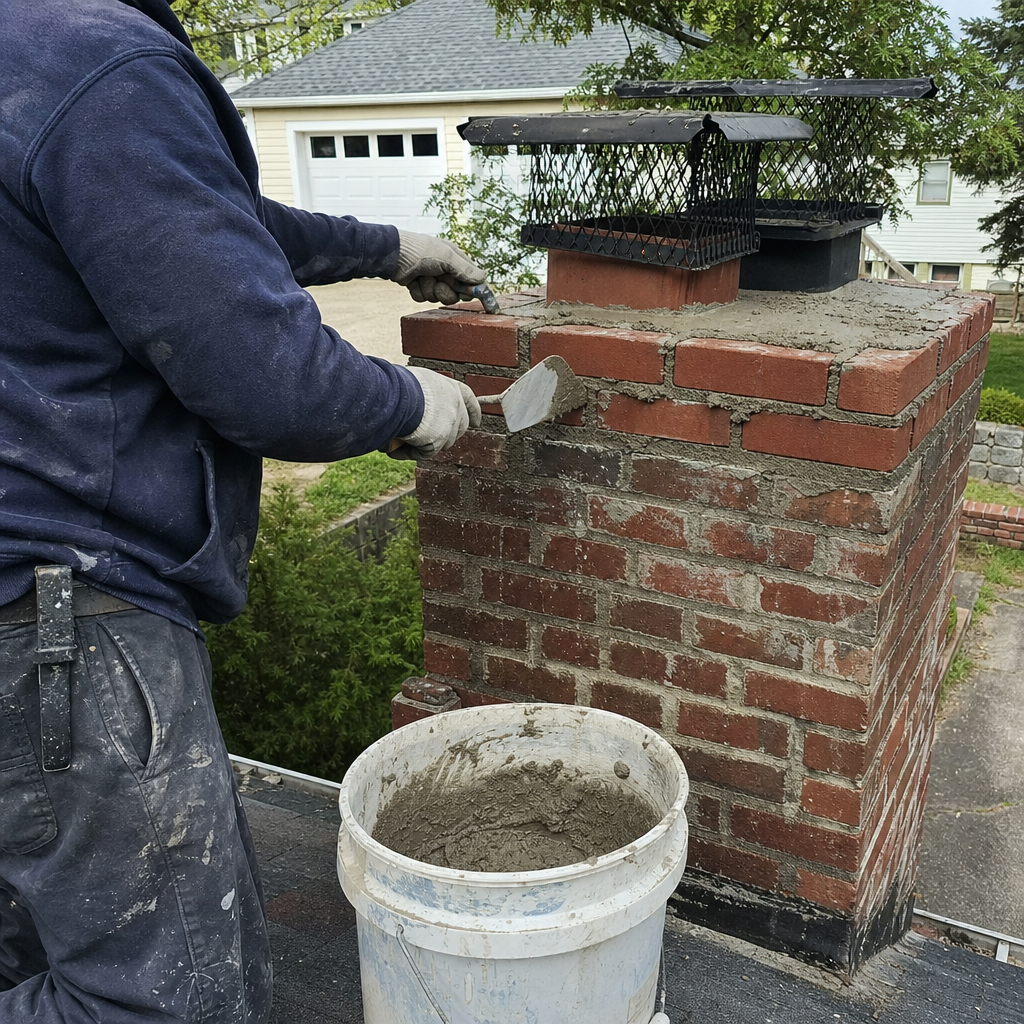 Professional mason performing chimney brick repair and mortar work on a roof