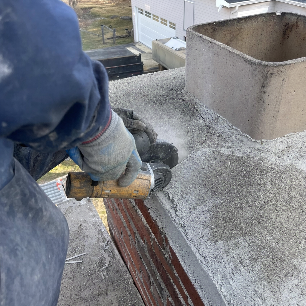 Professional chimney technician repairing a concrete chimney crown with a grinder