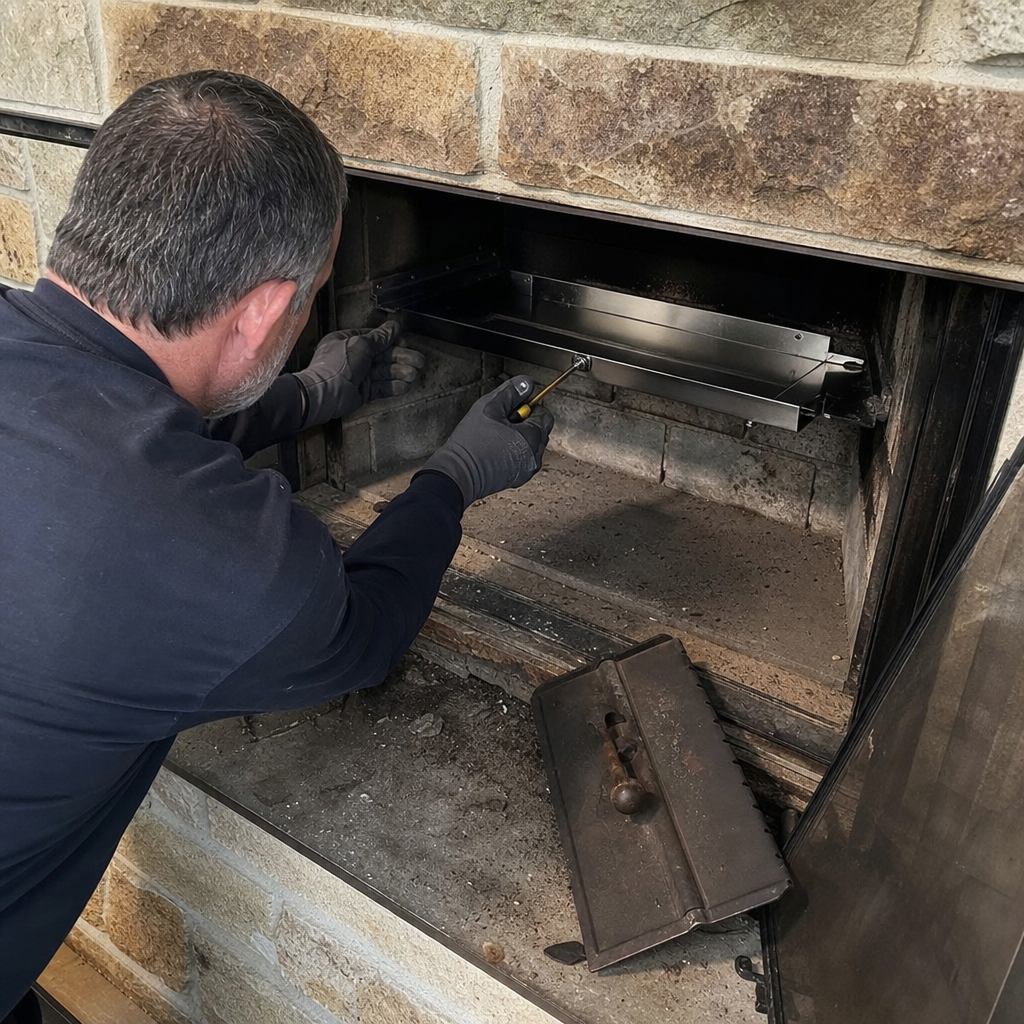 Technician performing professional fireplace maintenance and component installation
