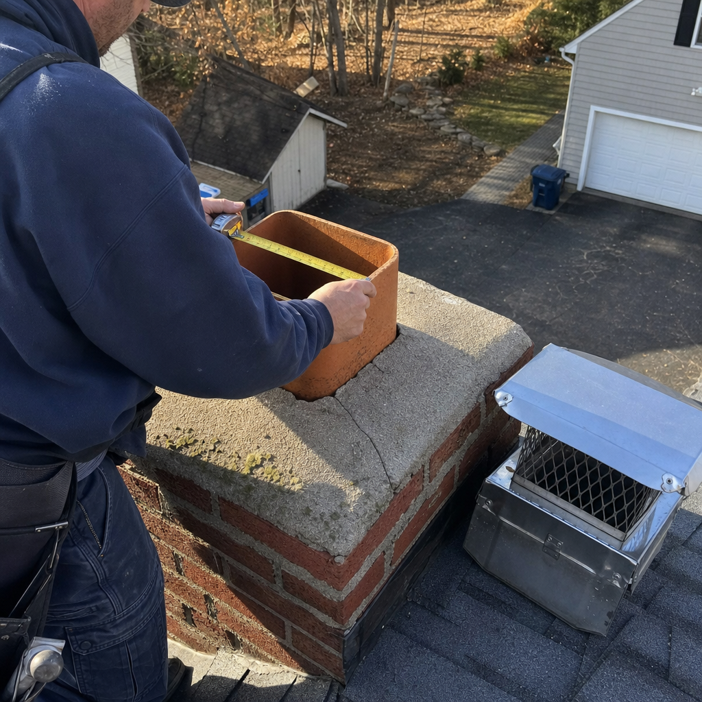 Chimney professional measuring flue for custom chimney cap installation in Hartford, CT