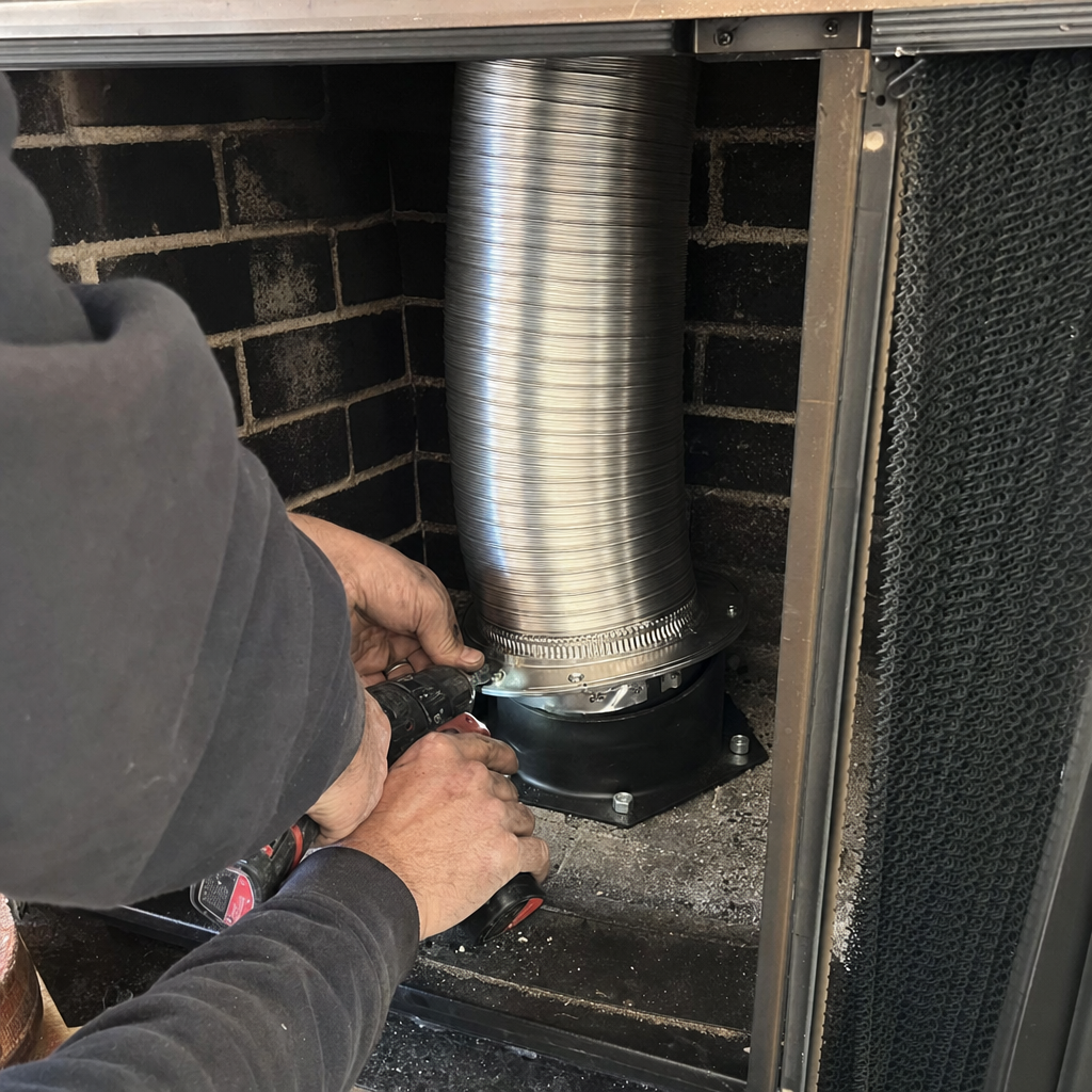 Technician installing a flexible stainless steel chimney liner in a fireplace in Hartford, CT
