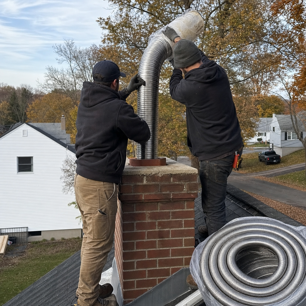 Two technicians installing a stainless steel chimney liner on a roof in Willimantic, CT