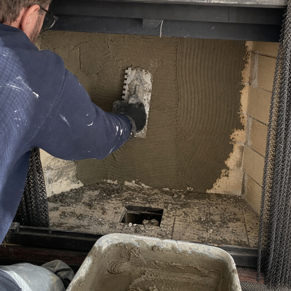 Professional applying mortar to fireplace firebox during repair in Hartford, CT