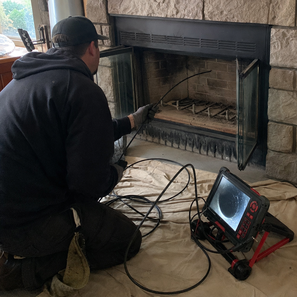 Technician using a chimney inspection camera to examine a fireplace in Hartford, CT